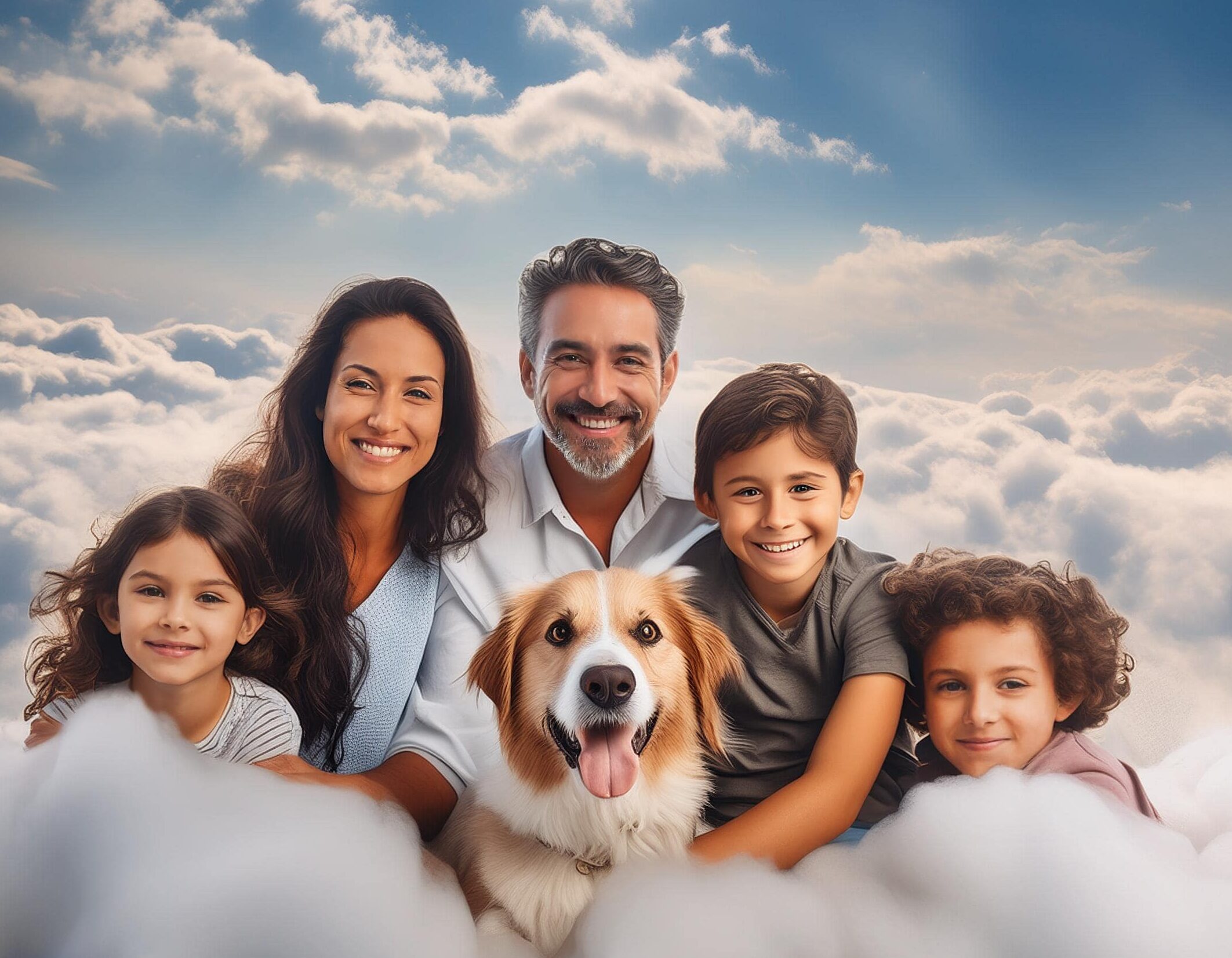 Deutsche vierköpfige Familie, bestehend aus Vater, Mutter, Schwester, Bruder und einem Hund, der vom Himmel lächelt-min