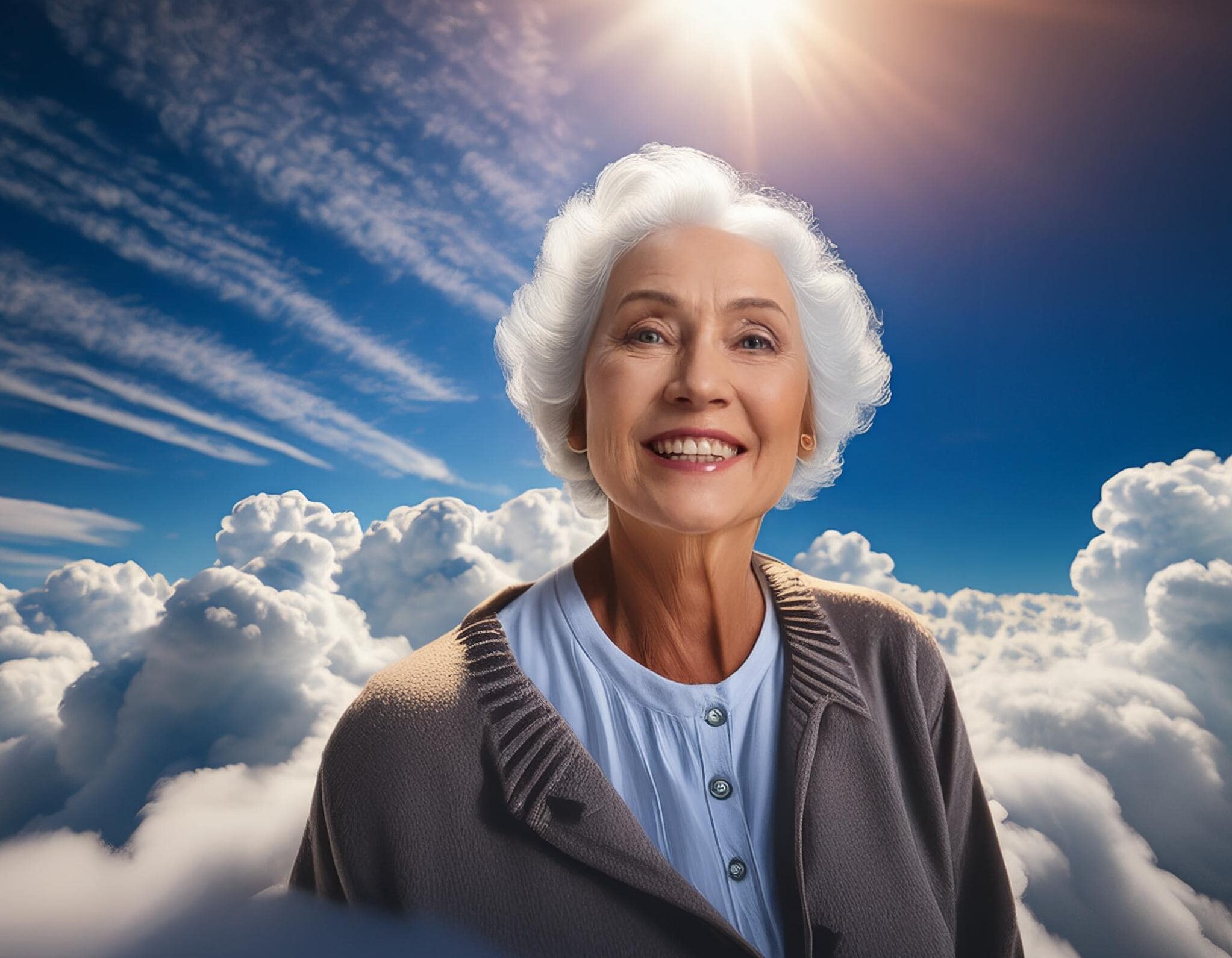 Firefly An old German female smiling from a corner in heaven surrounded by clouds and sunflare 64717 min edited