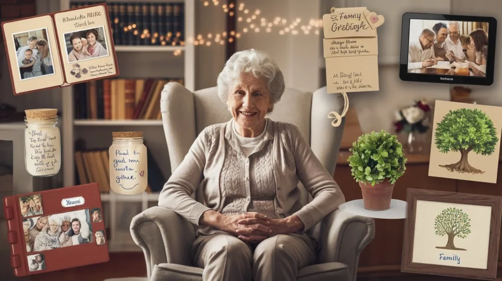 Geschenkideen zum 80. Geburtstag mit Fokus auf immaterielle Werte: Fotoalbum, Familienbaum, handgeschriebene Notizen und Erinnerungen in einem gemütlichen Wohnzimmer.