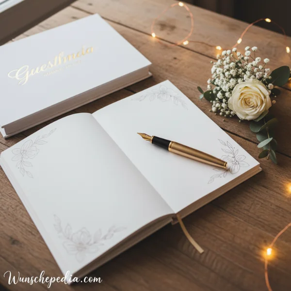 Schönsten Sprüche & Wünsche zur Hochzeit 3 Offenes Hochzeitsgästebuch mit Stift und Blumen