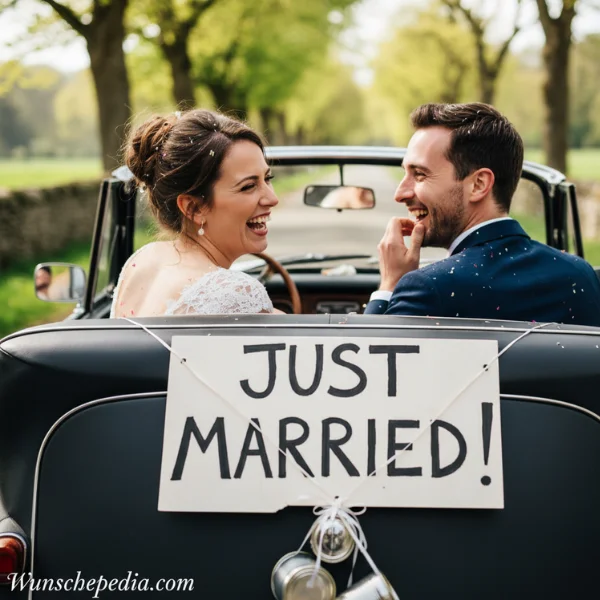 Schönsten Sprüche & Wünsche zur Hochzeit 2 Glückliches Brautpaar lacht gemeinsam im Auto